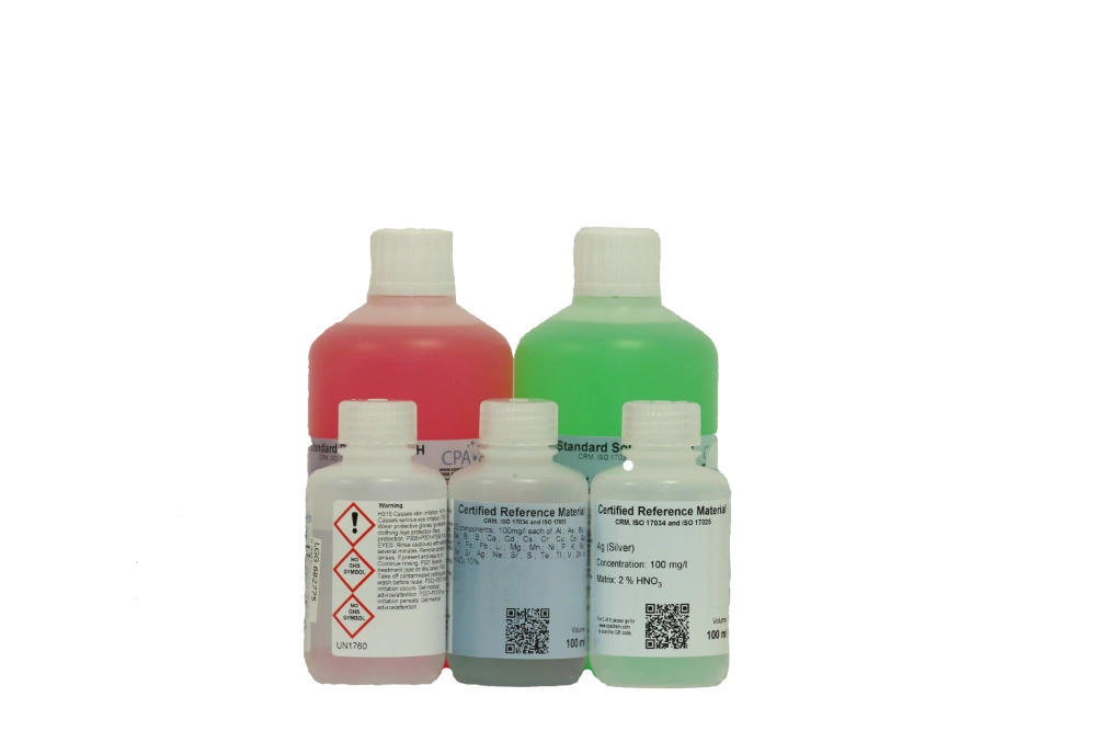 PADRÃO “MRC” MONO E MULTI ELEMENTAR PARA AA - ABSORÇÃO ATÔMICA, CERTIFICADO ISO 17034, FRASCO DE 125ML E 500ML - CPA CHEM