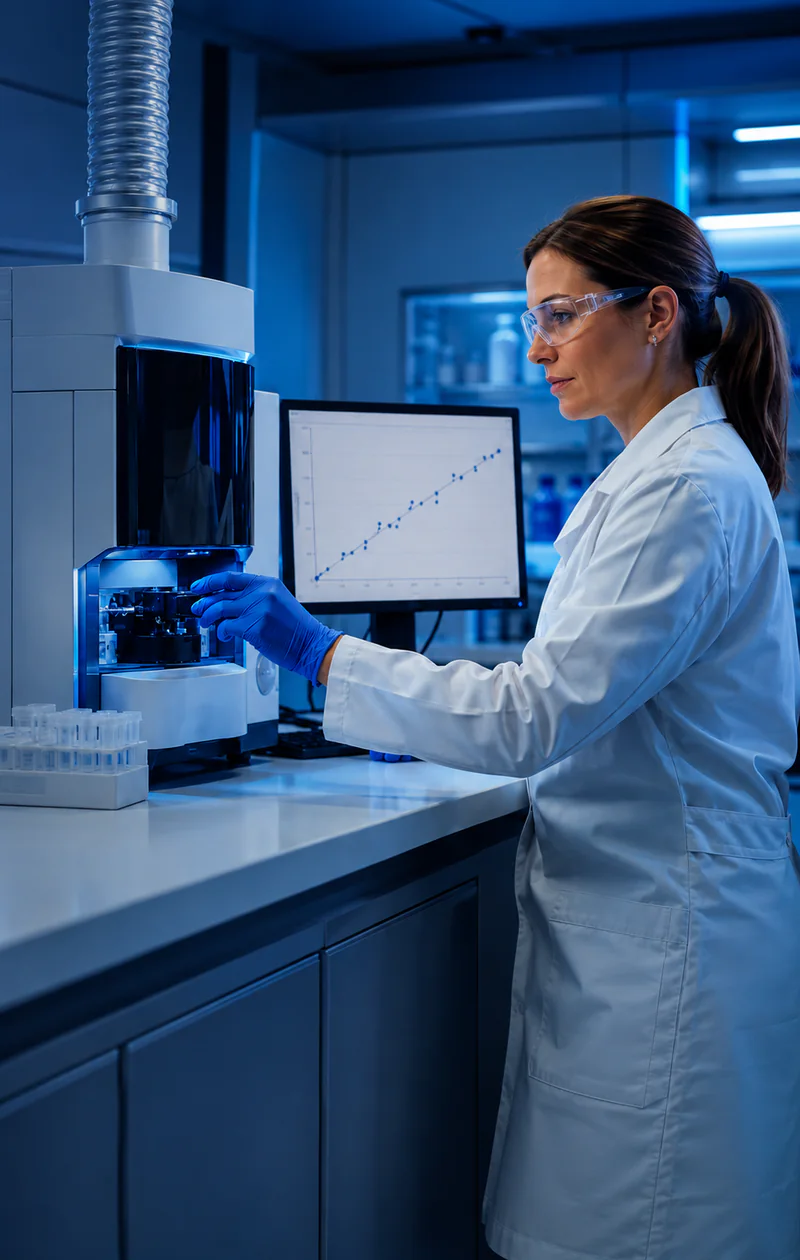 Analista em laboratório operando equipamento de calibração analítica